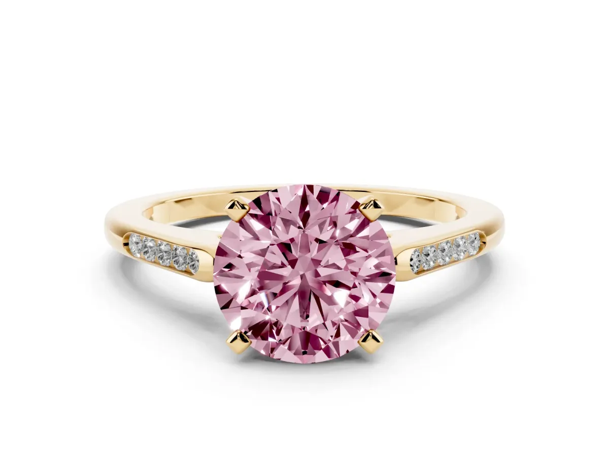 Fancy Pink Round Cut Diamond Solitaire Ring with Channel Set Round Band and Prong Setting Yellow gold