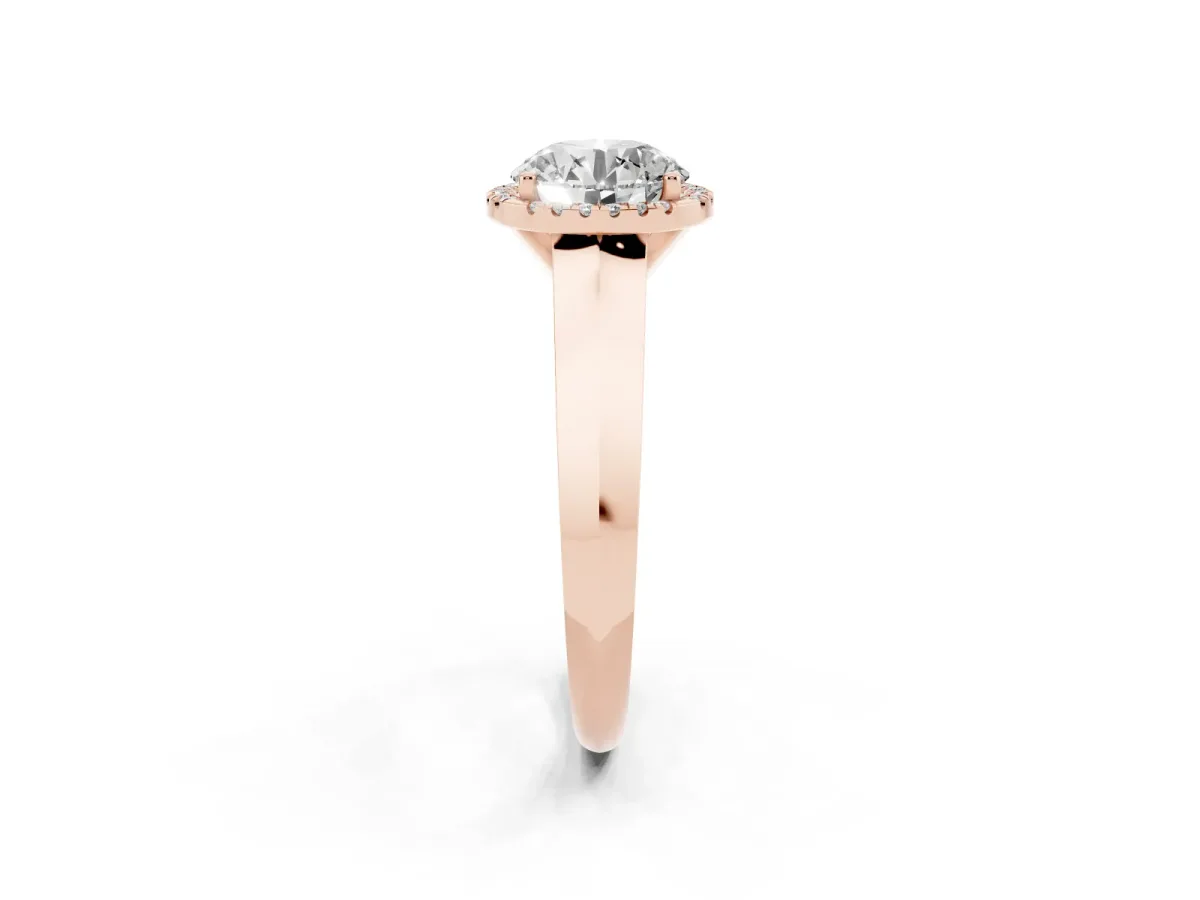 Round Cut Halo Diamond Ring with Cathedral Band and Four-Prong Setting Rose gold
