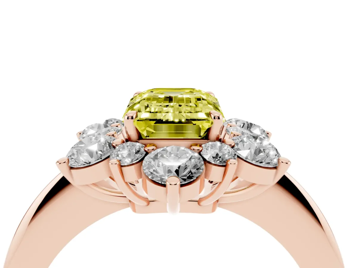 Fancy Yellow Emerald Cut Diamond Cluster Halo Ring with Solitaire Band and Four-Prong Setting Rose gold