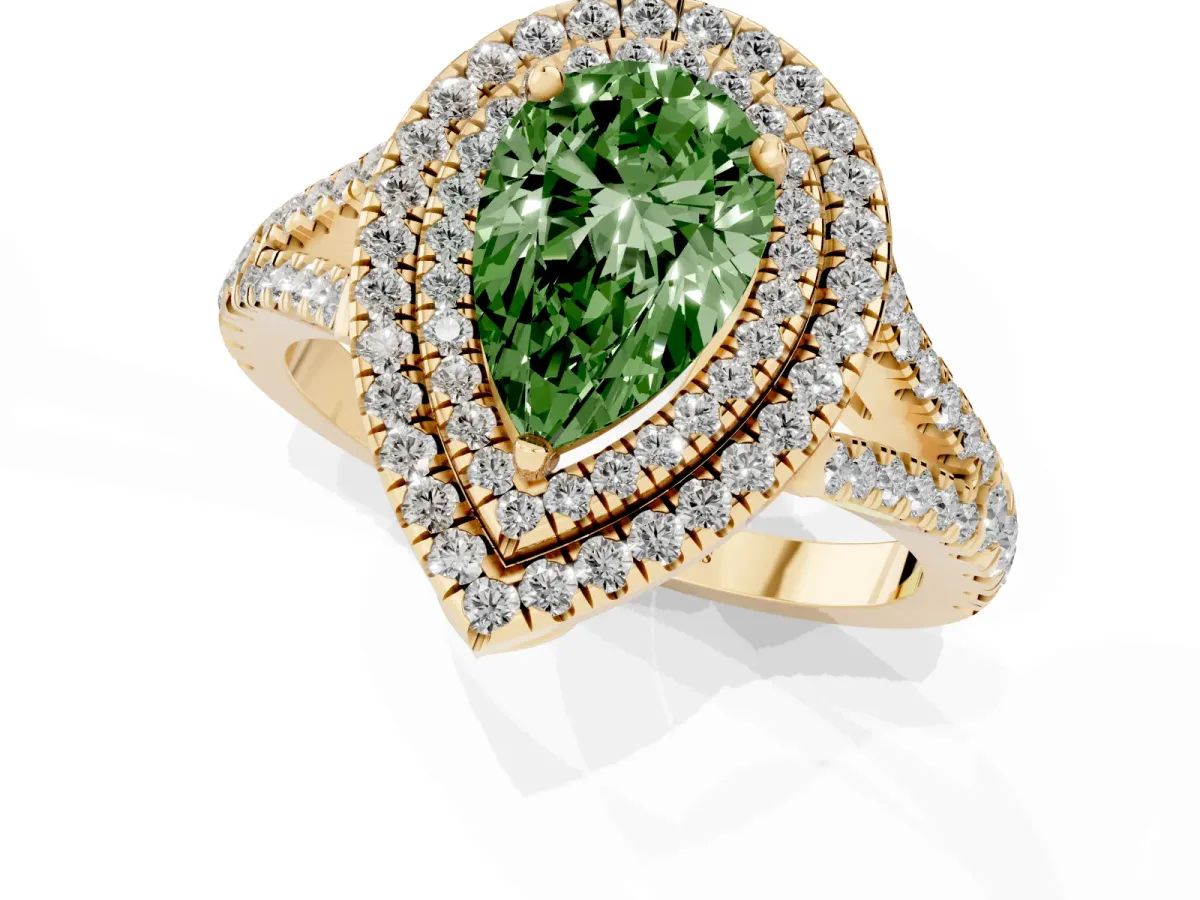 Fancy Green Pear Cut Diamond Double Halo Ring with Pavé Band and Prong Setting Yellow gold