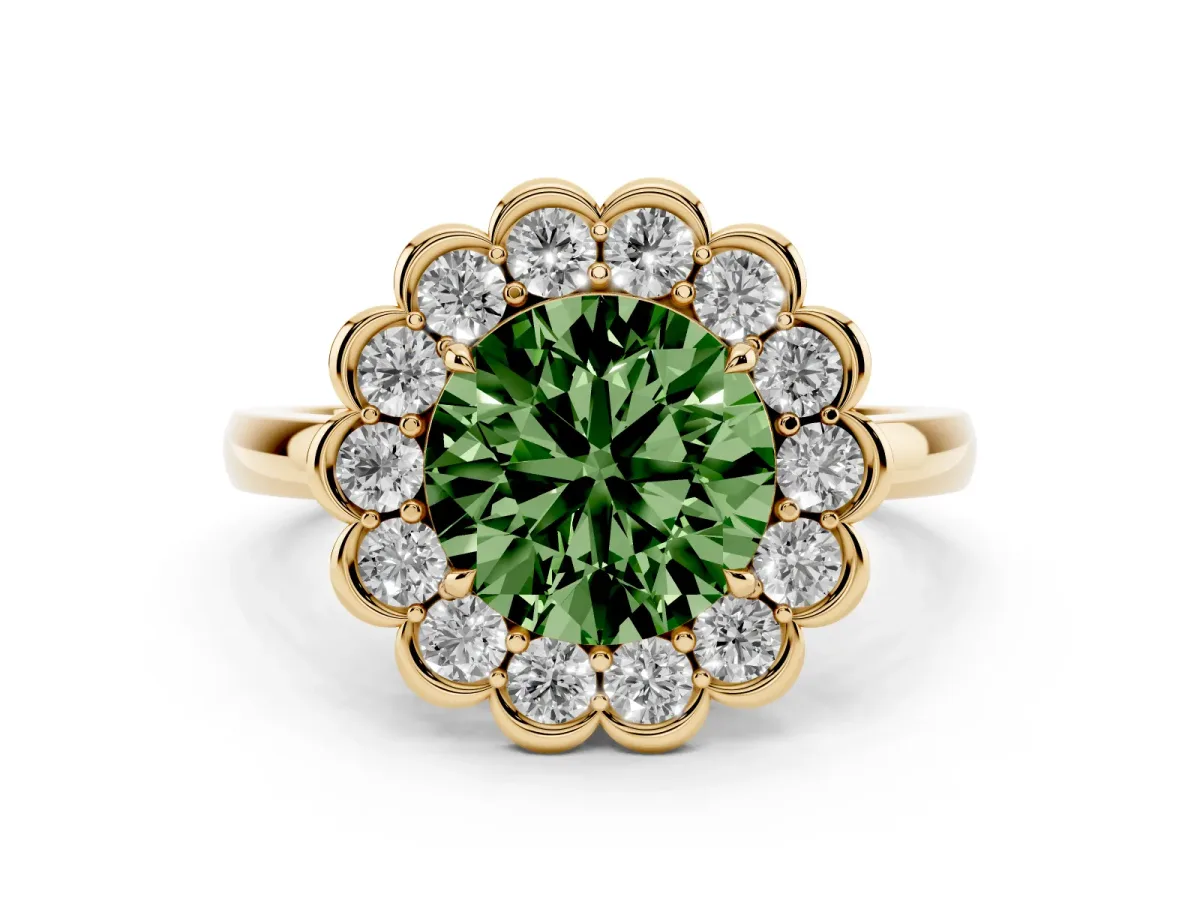 Fancy Green Round Cut Halo Cluster Diamond Engagement Ring with Solitaire Band and Prong Setting Yellow gold