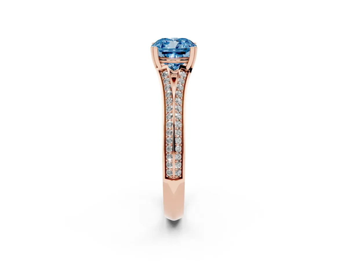 Fancy Blue Cushion Cut Diamond Split Shank Engagement Ring with Pavé Band Rose gold