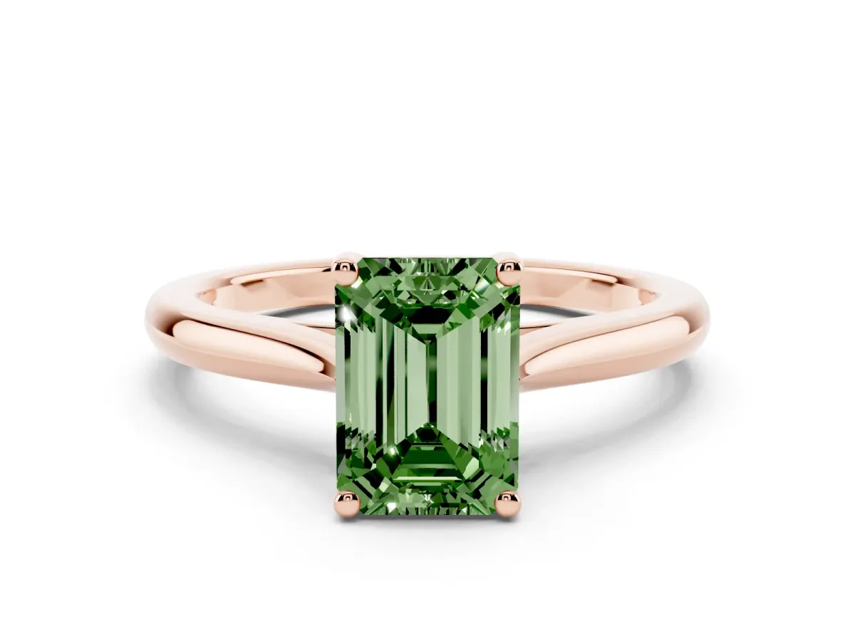 Fancy Green Emerald Cut Cut Solitaire Ring with Cathedral Band and Four-Prong Setting Rose gold