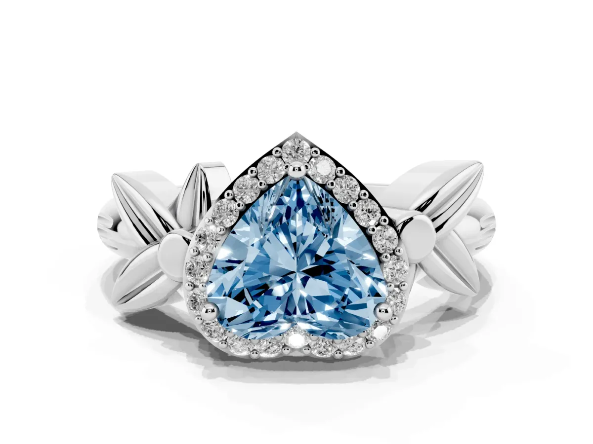 Fancy Blue Heart Cut Halo Diamond Floral Band with Four-Prong Setting Silver