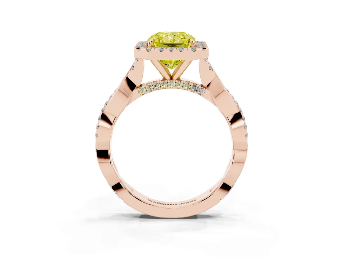 Fancy Yellow Radiant Cut Halo Twist Band Solitaire Ring Rose gold