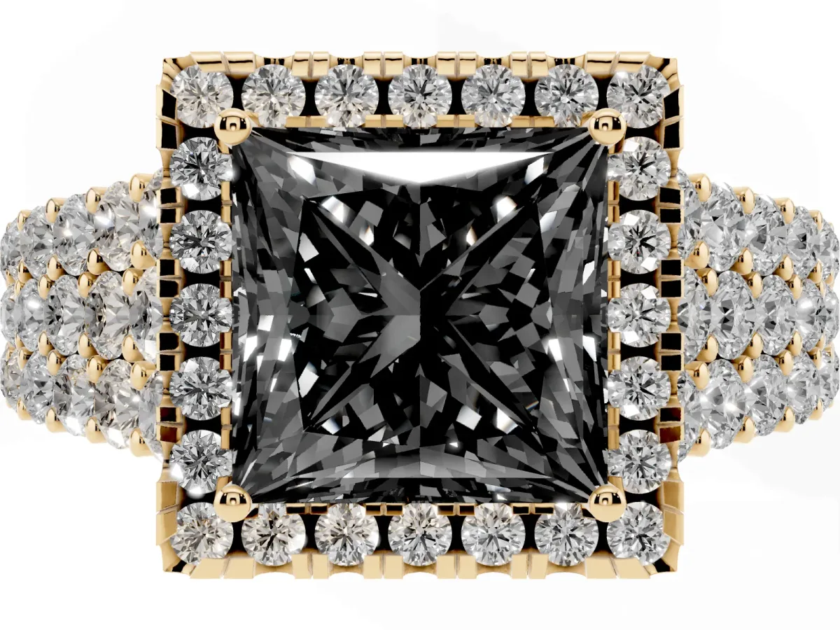 Fancy Black Princess Cut Diamond Halo Engagement Ring with Triple Row Round Pavé Band and Prong Setting Yellow gold