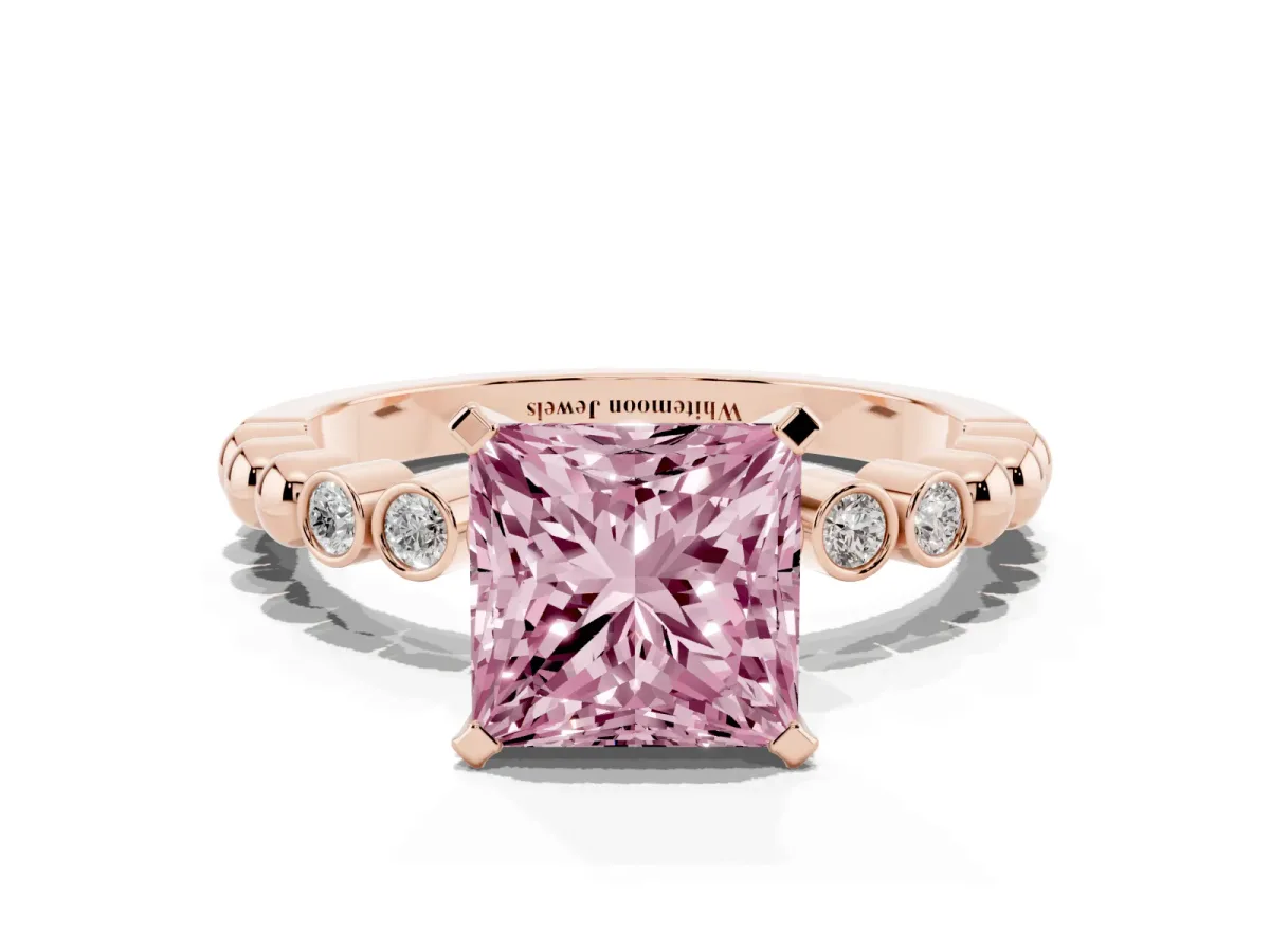 Fancy Pink Princess Cut Solitaire Bezel Accent Diamond Engagement Ring with Beaded Band and Four-Prong Setting Rose gold