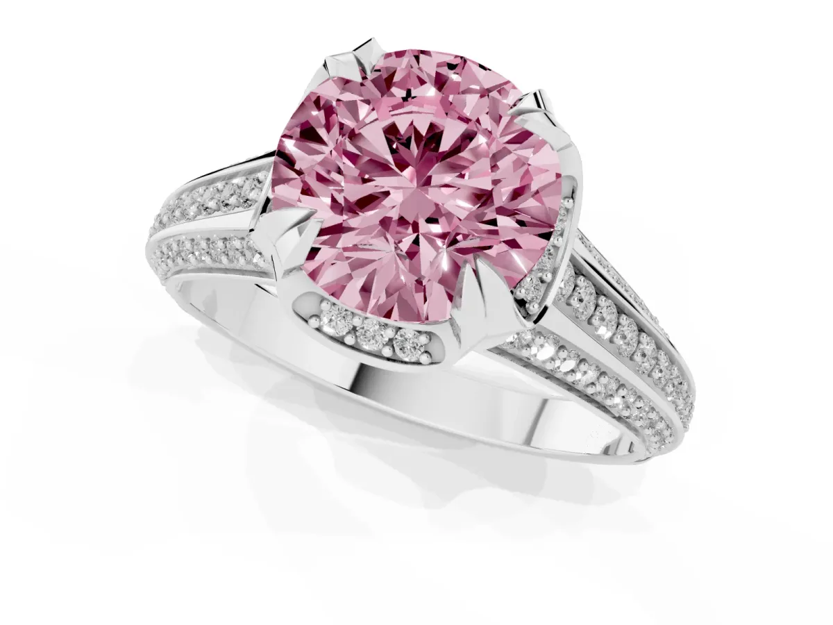 Fancy Pink Round Cut Solitaire Pave Split Shank Ring with Four-Prong Setting Platinum