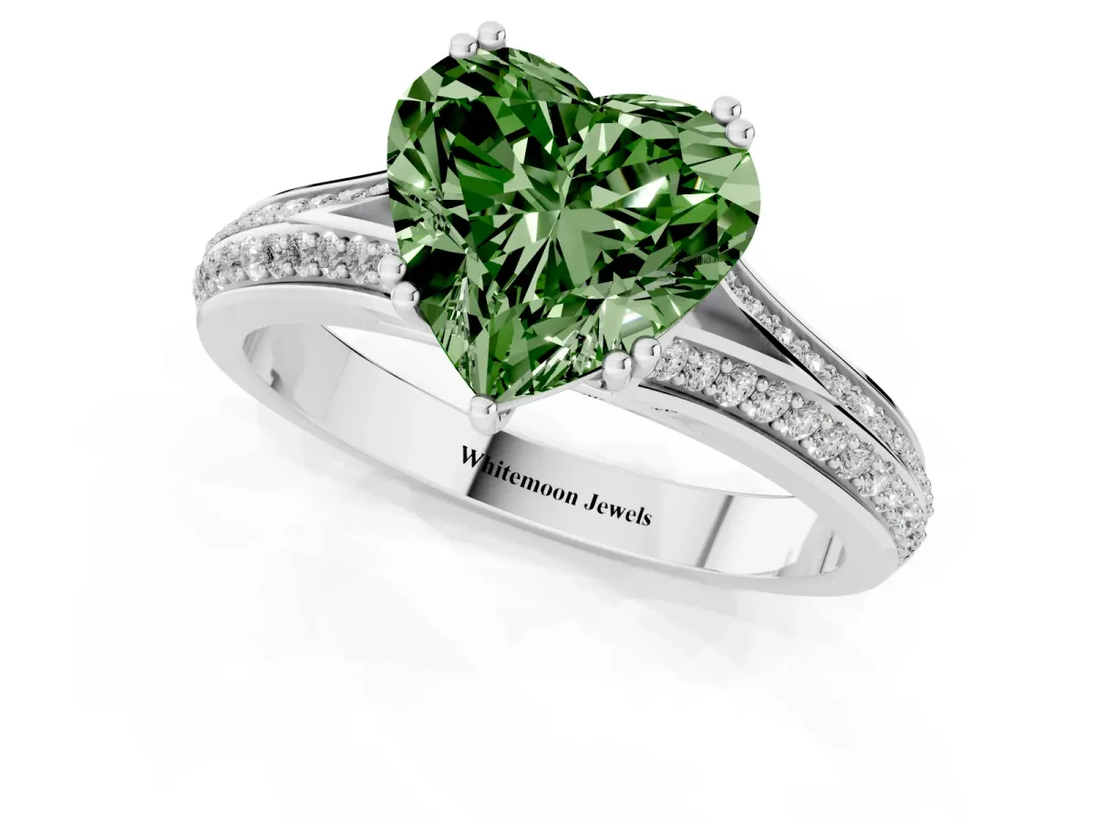 Fancy Green Heart Cut Diamond Split Shank Engagement Ring with Pavé Band White gold
