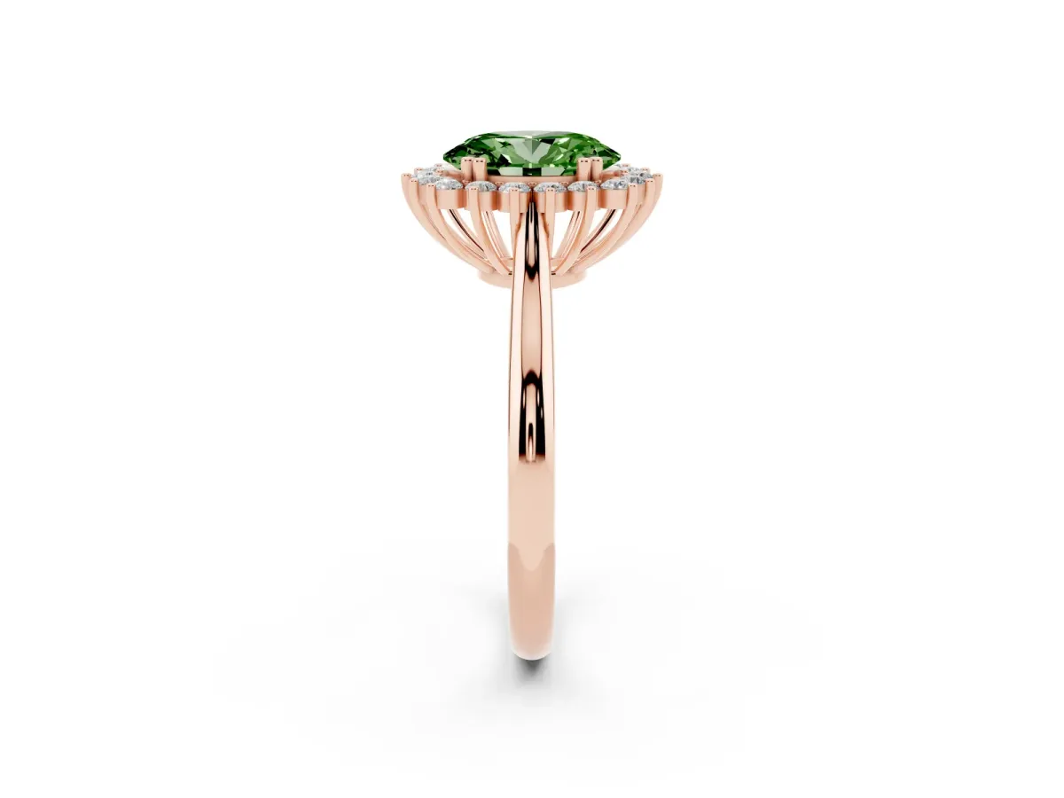 Fancy Green Oval Cut Cut Diamond Halo Ring with Solitaire Band and Prong Setting Rose gold