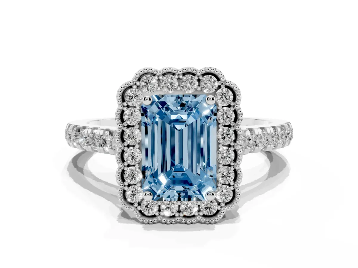 Fancy Blue Emerald Cut Cut Diamond Milgrain Floral Halo Engagement Ring with Pavé Band Silver