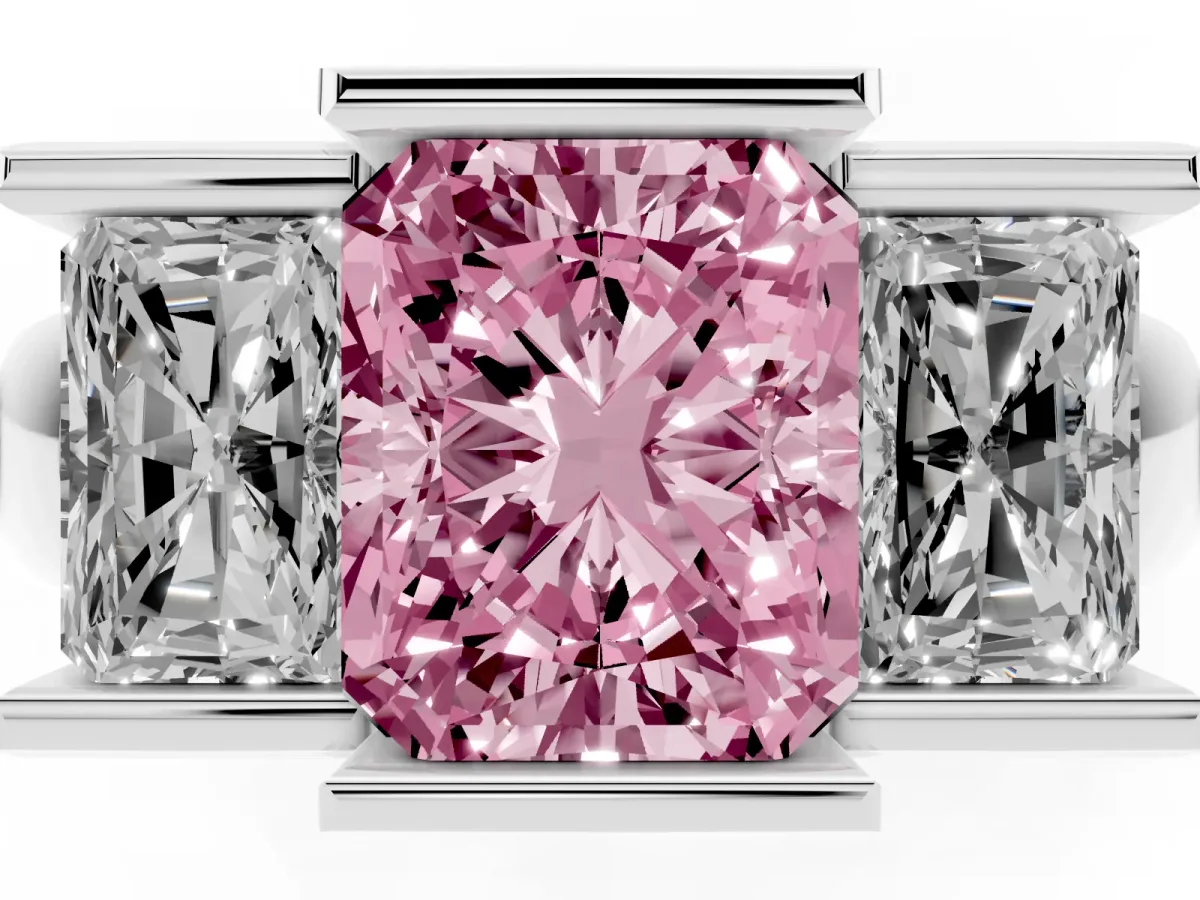 Fancy Pink Three Stone Radiant Cut Cut Channel Set Diamond Ring Platinum