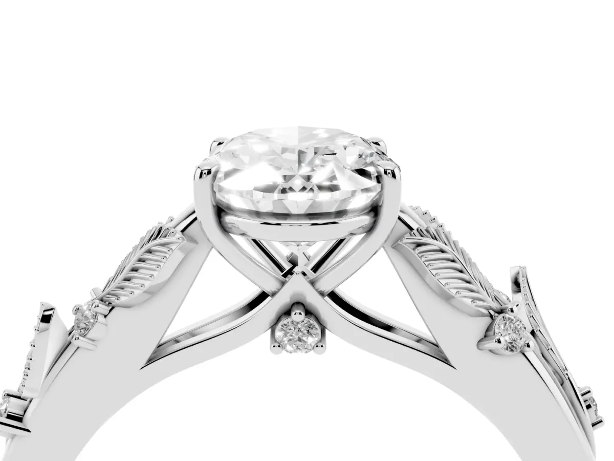 Oval Cut Diamond Solitaire Ring with Leaf Motif Band and Four-Prong Setting Silver