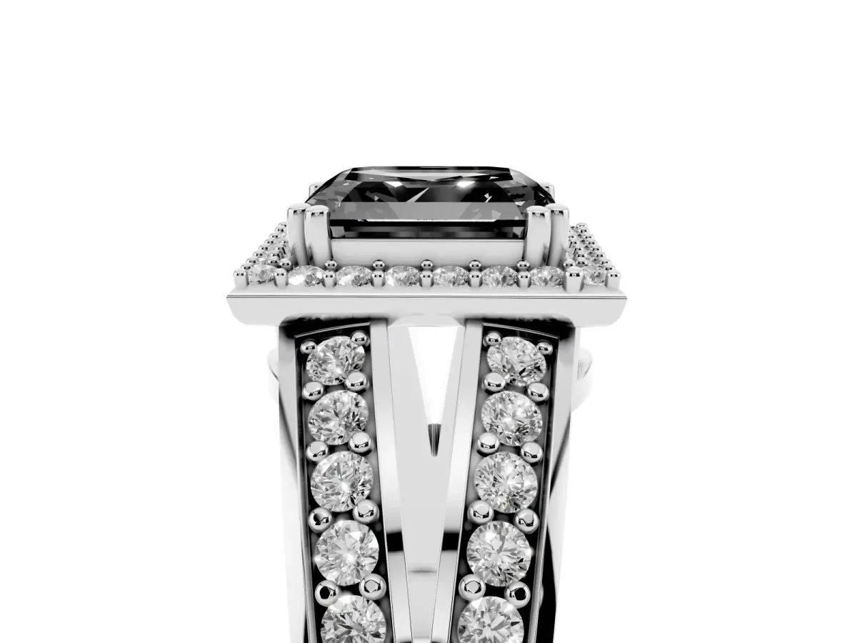 Fancy Black Asscher Cut Diamond Halo Ring with Split Shank Pavé Band and Four-Prong Setting Silver