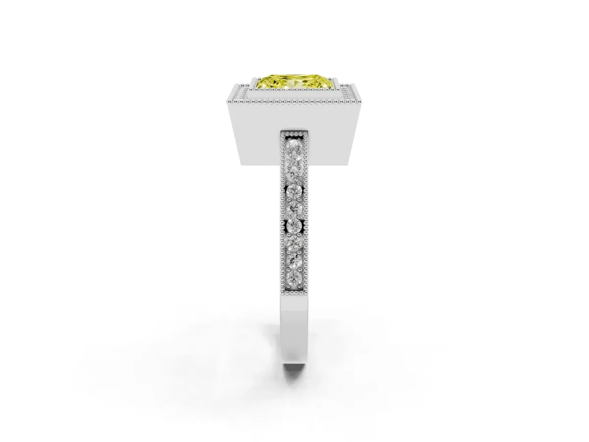 Fancy Yellow Princess Cut Cut Halo Diamond Ring with Pavé Band and Milgrain Prong Setting White gold
