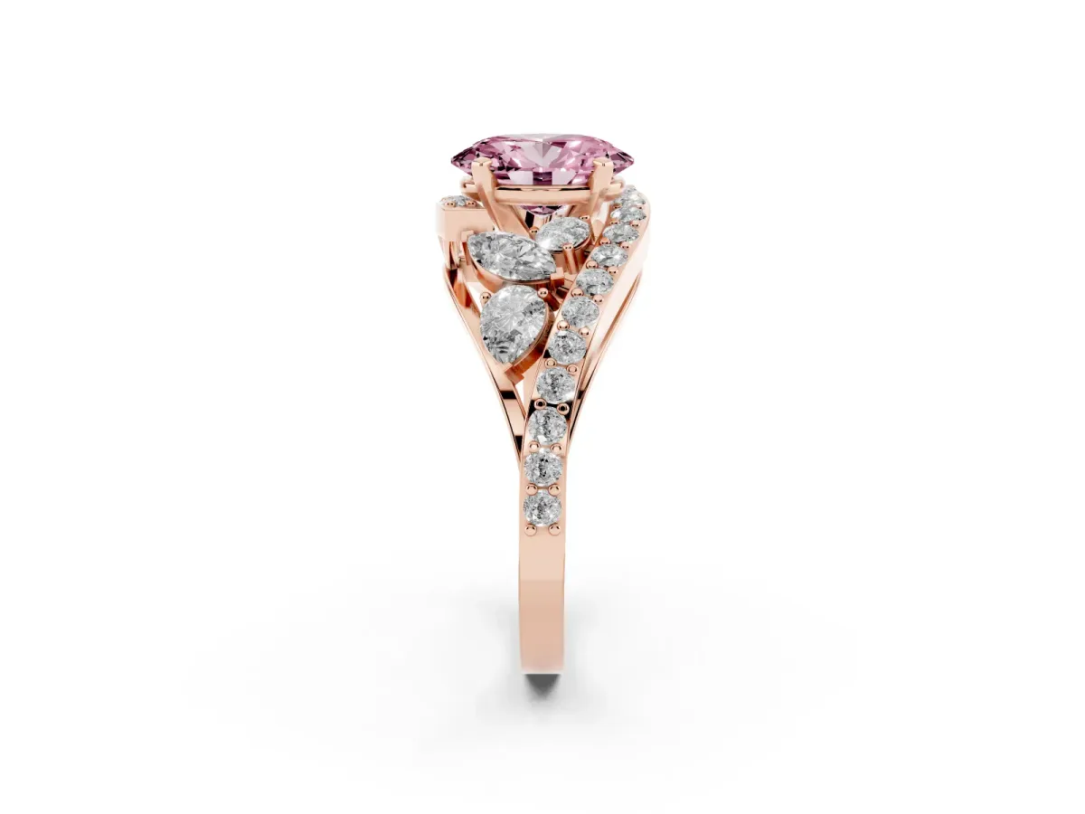 Fancy Pink Oval Cut Diamond Halo Ring with Marquise and Pavé Band in Prong Setting Rose gold