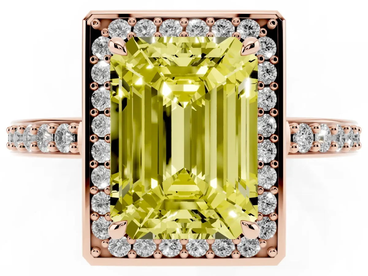 Fancy Yellow Emerald Cut Halo Pave Band Solitaire Ring with Prong Setting Rose gold
