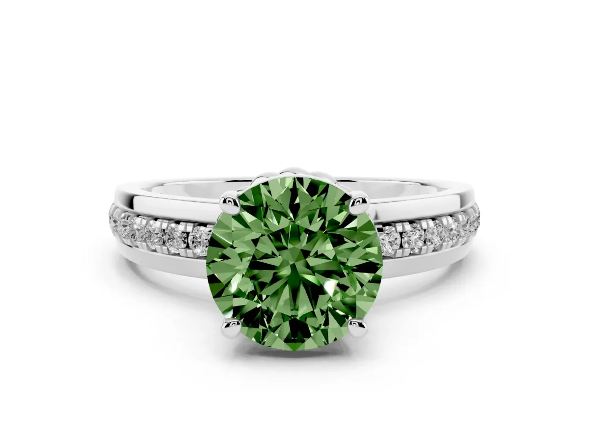 Fancy Green Round Cut Solitaire Diamond Ring with Channel Set Band and Six-Prong Setting Silver