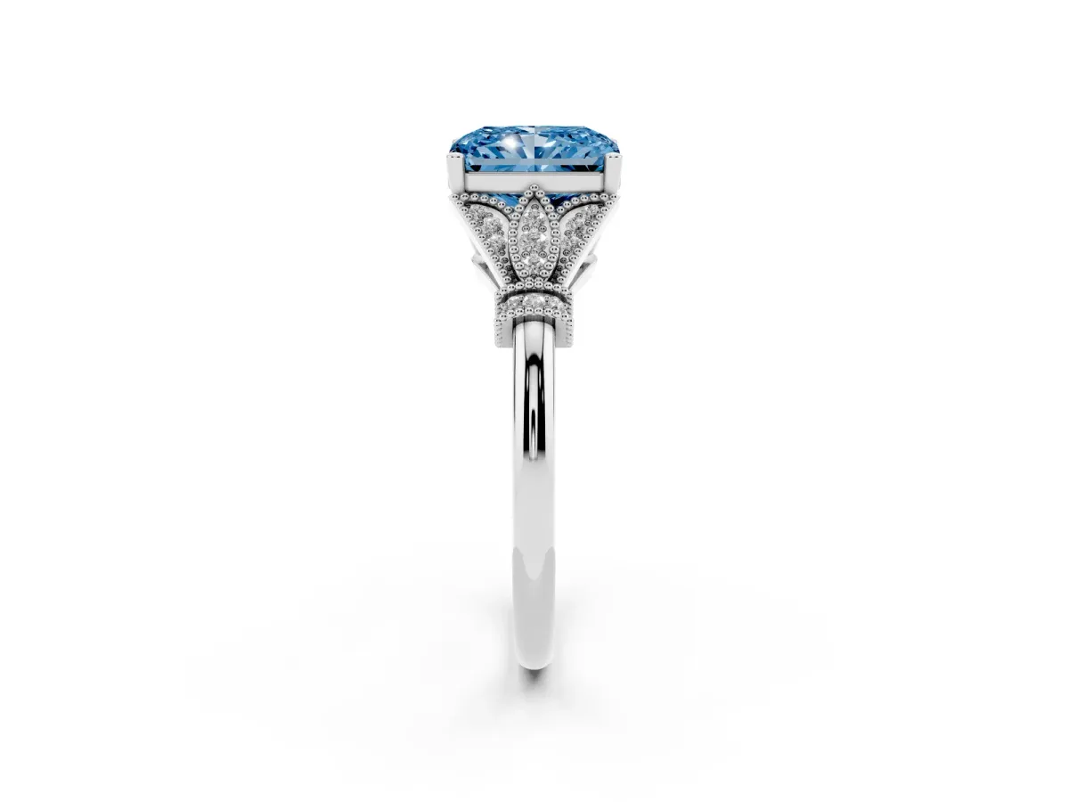 Fancy Blue Radiant Cut Diamond Solitaire Ring with Floral Filigree and Pave Accents White gold