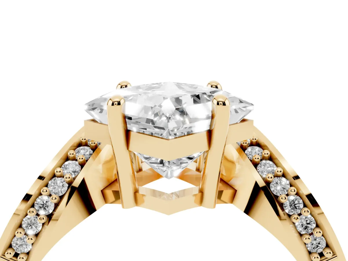 Princess Cut Solitaire Diamond Engagement Ring with Pave Band and Four-Prong Setting Yellow gold