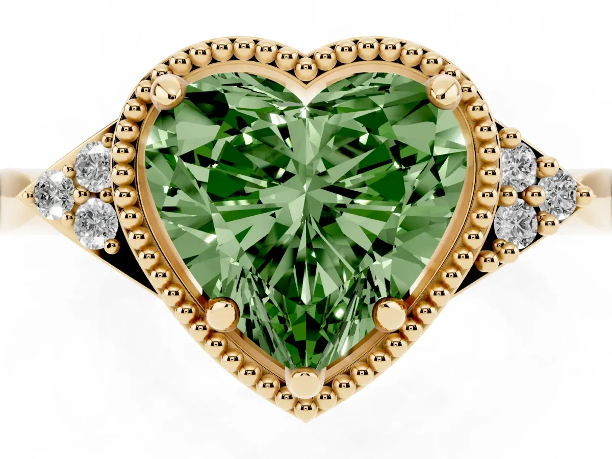 Fancy Green Milgrain Heart Cut Cut Diamond Ring with Tapered Pave Band and Four Prong Setting Yellow gold