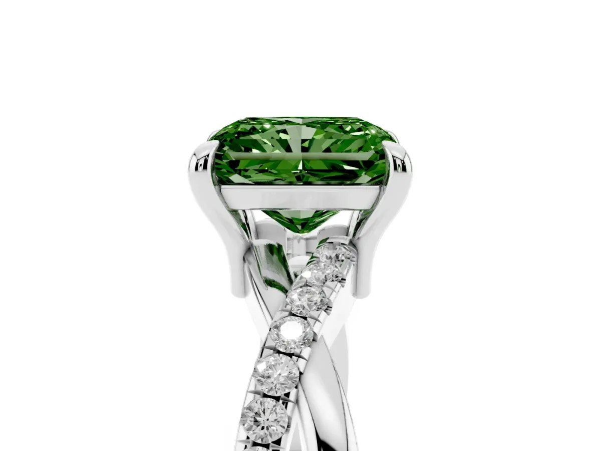 Fancy Green Radiant Cut Cut Diamond Twist Band Solitaire with Prong Setting Silver