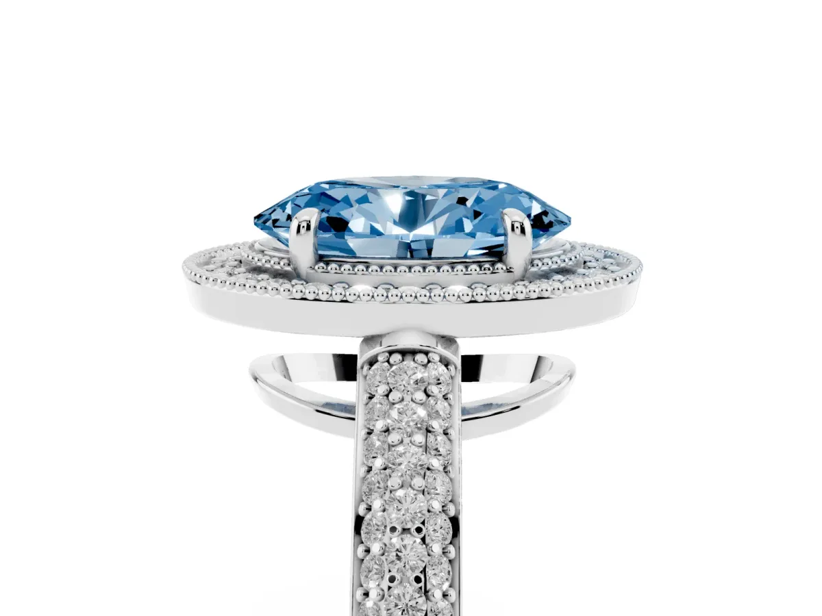 Fancy Blue Oval Cut Cut Halo Diamond Pave Band with Four-Prong Setting Platinum