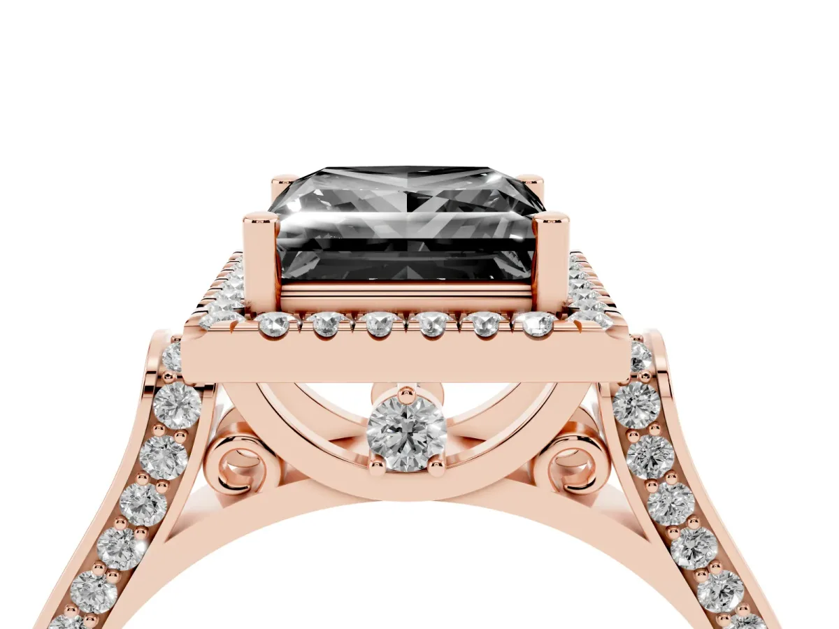 Fancy Black Princess Cut Halo Round Diamond Twist Band with Four-Prong Setting Rose gold