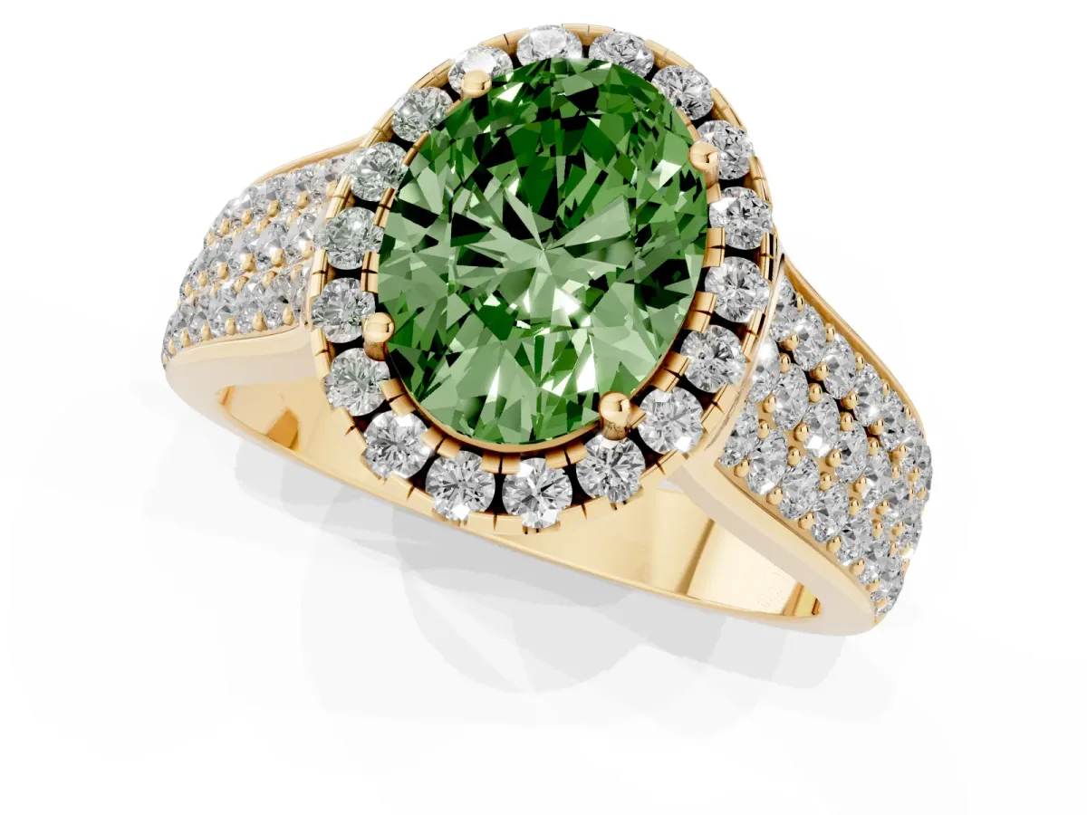 Fancy Green Oval Cut Halo Round Diamond Pave Band with Prong Setting Yellow gold