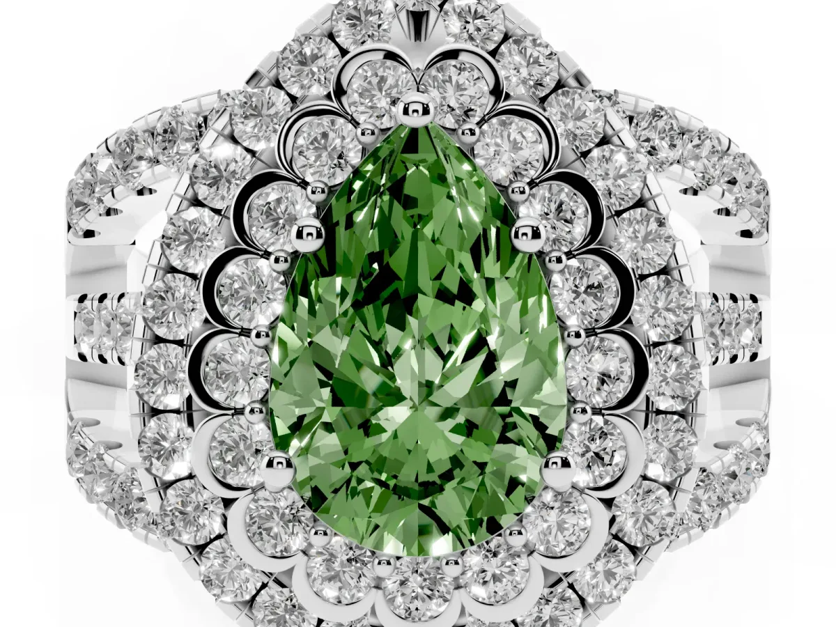Fancy Green Pear Cut Diamond Double Halo Ring with Round Pavé Split Shank and Prong Setting Silver