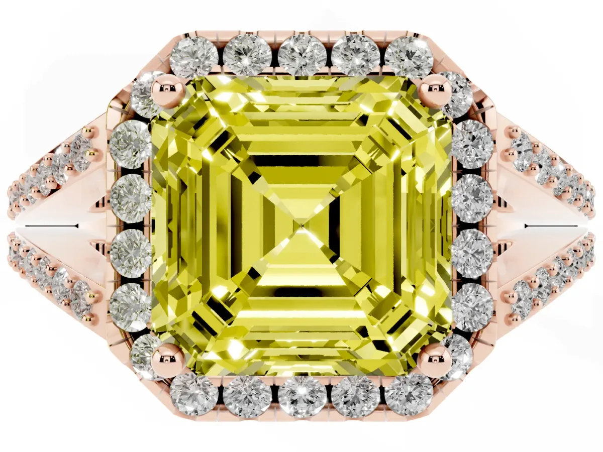 Fancy Yellow Asscher Cut Halo Split Shank Diamond Ring with Prong Setting Rose gold