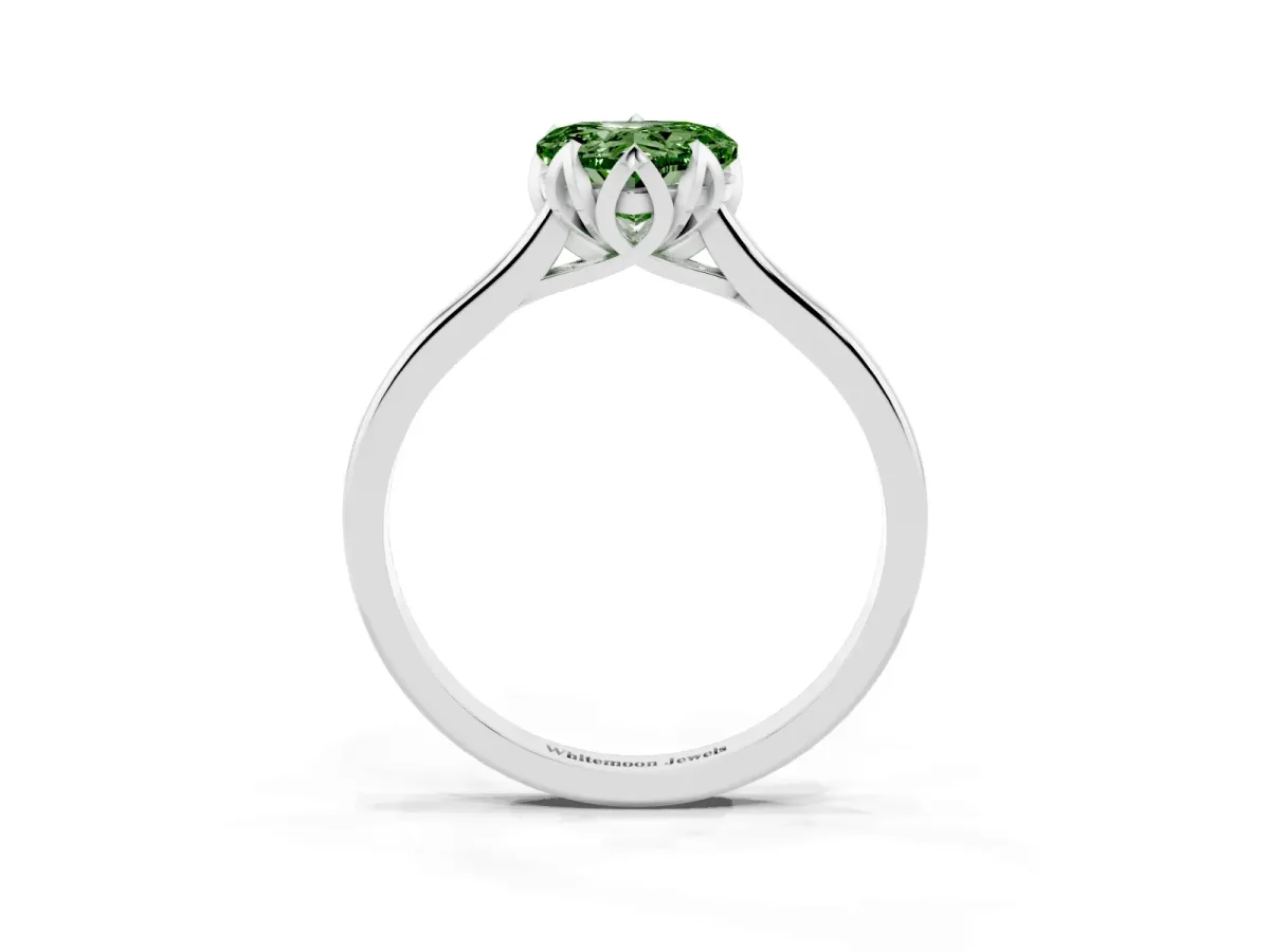 Fancy Green Heart Cut Diamond Solitaire Ring with Flower Prong Setting and Classic Band Platinum