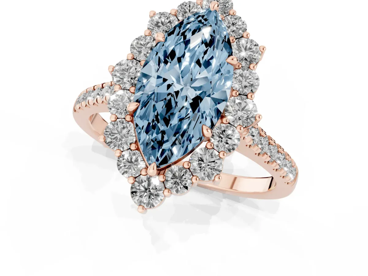 Fancy Blue Marquise Cut Halo Diamond Ring with Pavé Band and Prong Setting Rose gold
