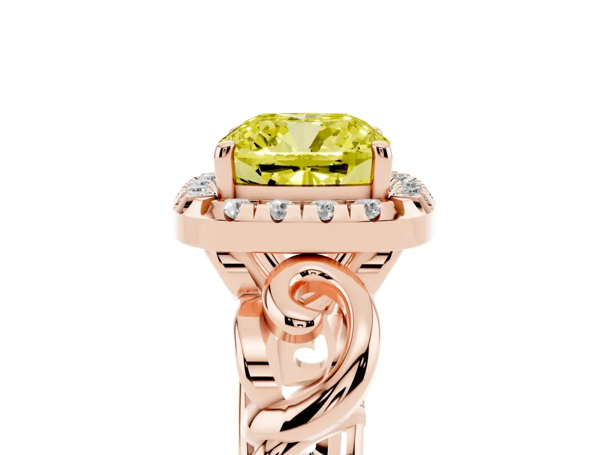 Fancy Yellow Cushion Cut Cut Halo Diamond Ring with Scrollwork Band and Four-Prong Setting Rose gold