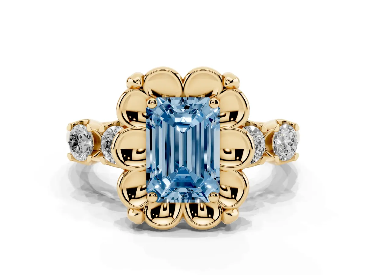 Fancy Blue Emerald Cut Cut Diamond Floral Halo Engagement Ring with Shared Prong Setting Yellow gold