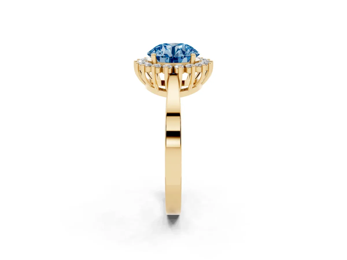 Fancy Blue Round Cut Cut Diamond Halo Ring with Round Brilliant Halo and Solitaire Band Yellow gold