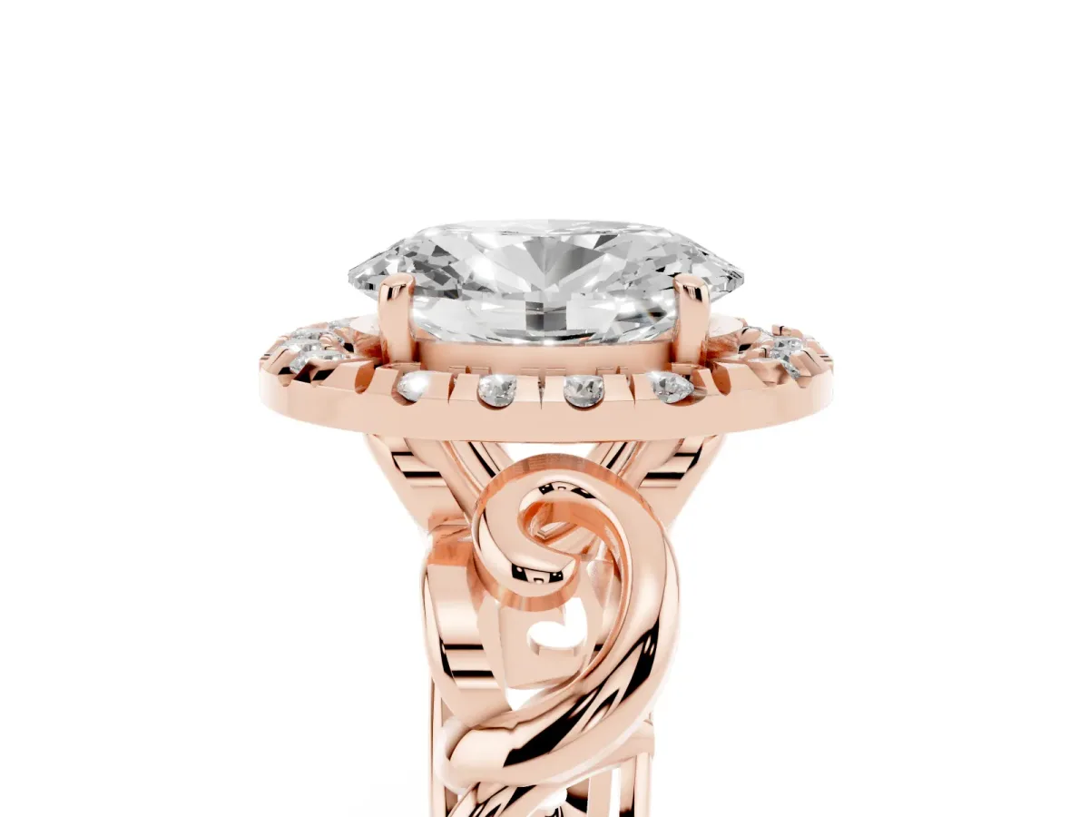 Oval Cut Cut Halo Diamond Ring with Scrollwork Band and Four-Prong Setting Rose gold