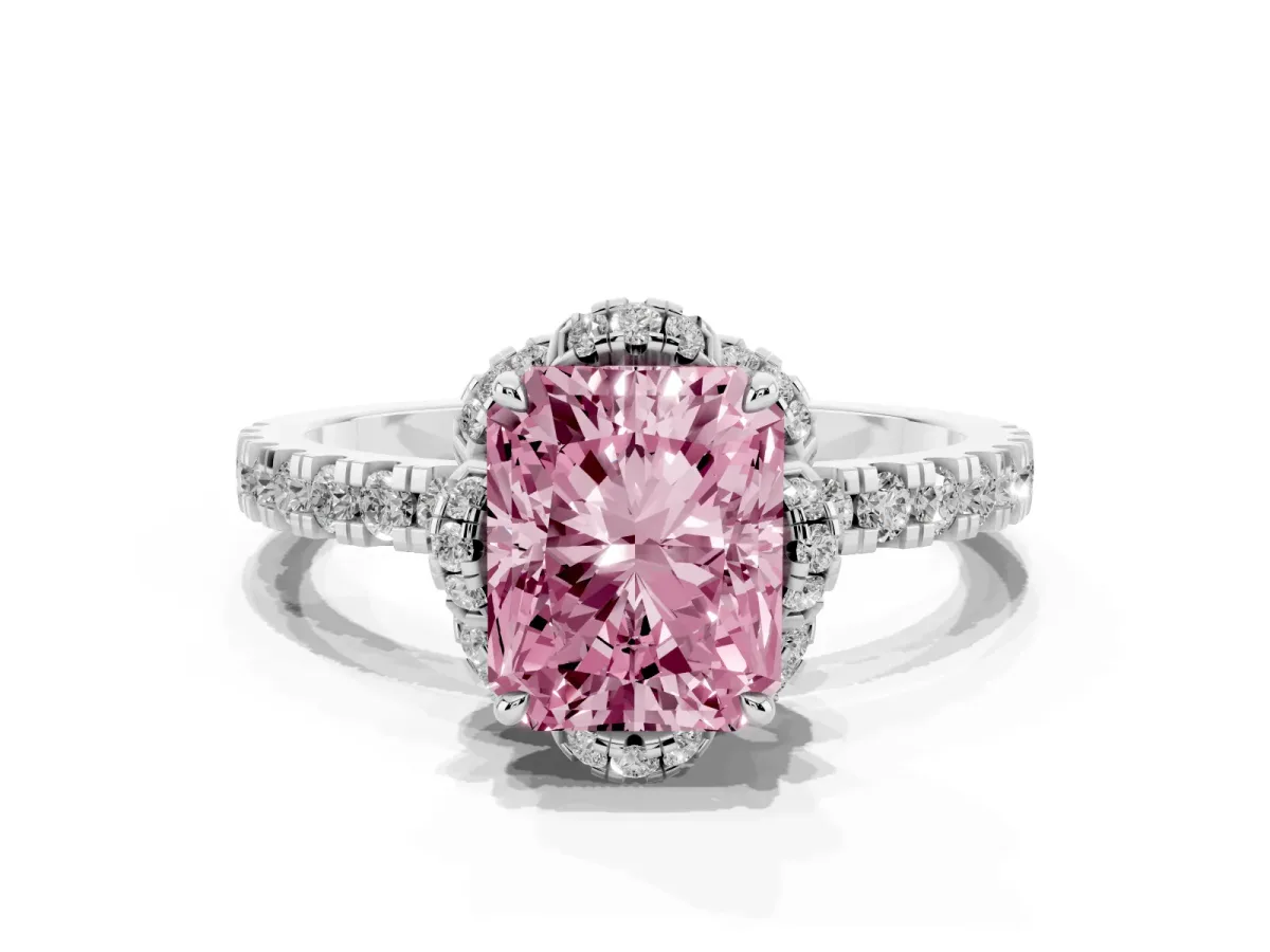 Fancy Pink Radiant Cut Diamond Halo Pave Band with Four-Prong Setting White gold