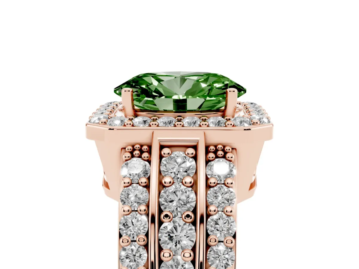 Fancy Green Oval Cut Halo Diamond Ring with Round Split Shank and Prong Setting Rose gold