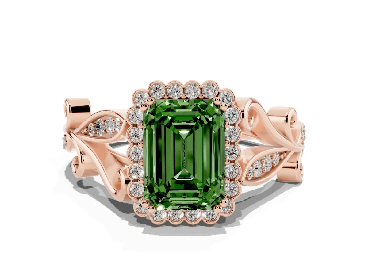 Fancy Green Emerald Cut Diamond Halo Ring with Vintage Split Shank and Four-Prong Setting Rose gold