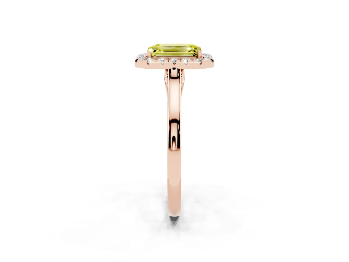 Fancy Yellow Emerald Cut Halo Round Diamond Solitaire Ring with Pavé Band and Four-Prong Setting Rose gold