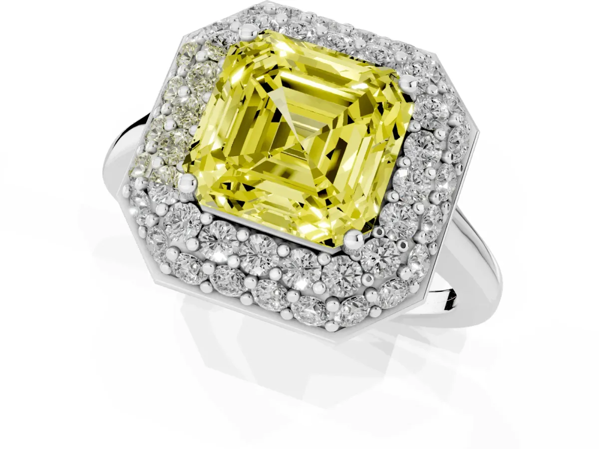 Fancy Yellow Asscher Cut Halo Diamond Engagement Ring with Solitaire Band and Four-Prong Setting Silver