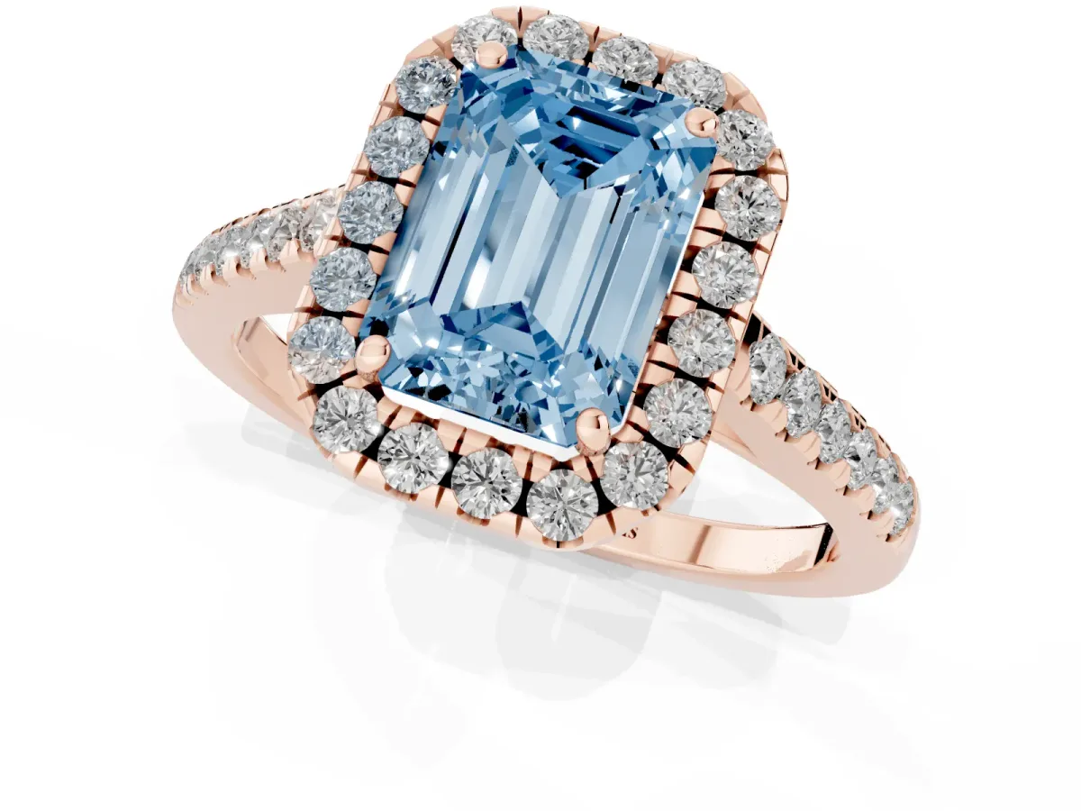 Fancy Blue Emerald Cut Halo Pave Diamond Engagement Ring with Four-Prong Setting Rose gold
