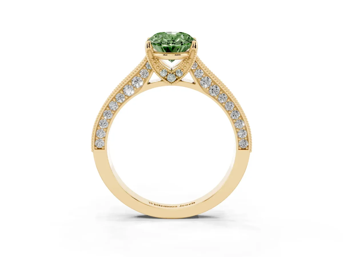Fancy Green Oval Cut Cut Diamond Solitaire Ring with Milgrain Pave Band and Four Prong Setting Yellow gold