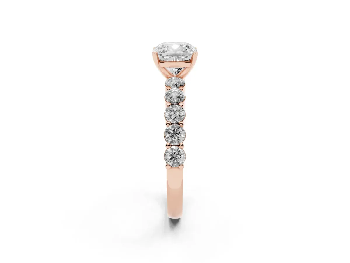 Cushion Cut Diamond Solitaire Ring with Shared Prong Round Side Stones Rose gold