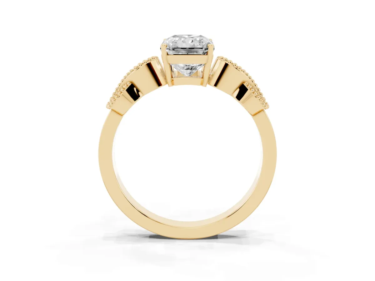 Princess Cut Solitaire Milgrain Leaf Band with Prong Setting Yellow gold