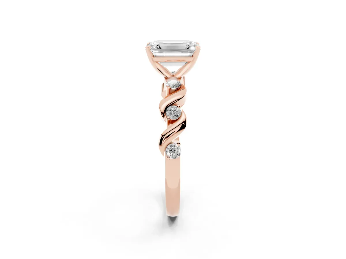 Emerald Cut Diamond Solitaire Twisted Band with Round Accents and Prong Setting Rose gold