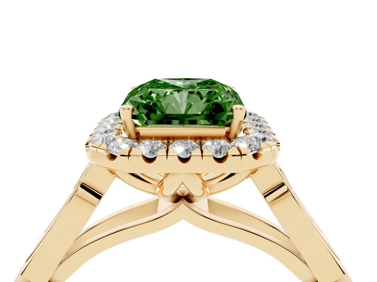 Fancy Green Radiant Cut Halo Diamond Engagement Ring with Filigree Band and Four-Prong Setting Yellow gold