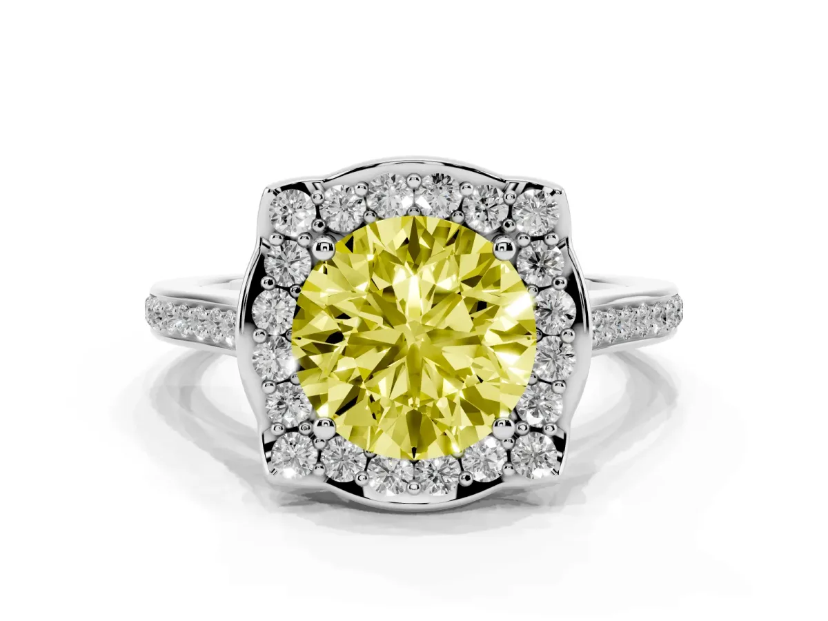 Fancy Yellow Round Cut Halo Round Diamond Pave Band with Four-Prong Setting Platinum