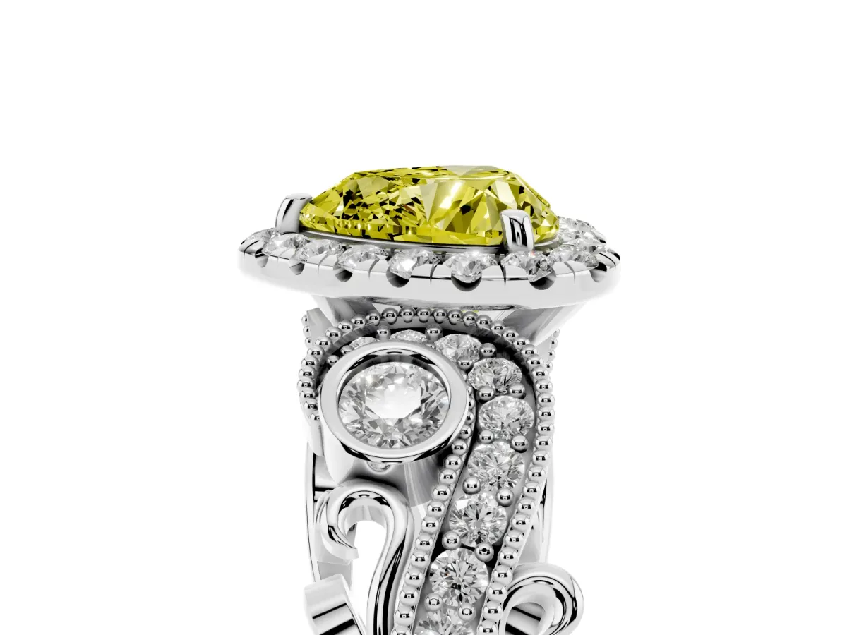 Fancy Yellow Heart Cut Halo Diamond Ring with Milgrain and Bezel Accents on a Split Shank Band Silver